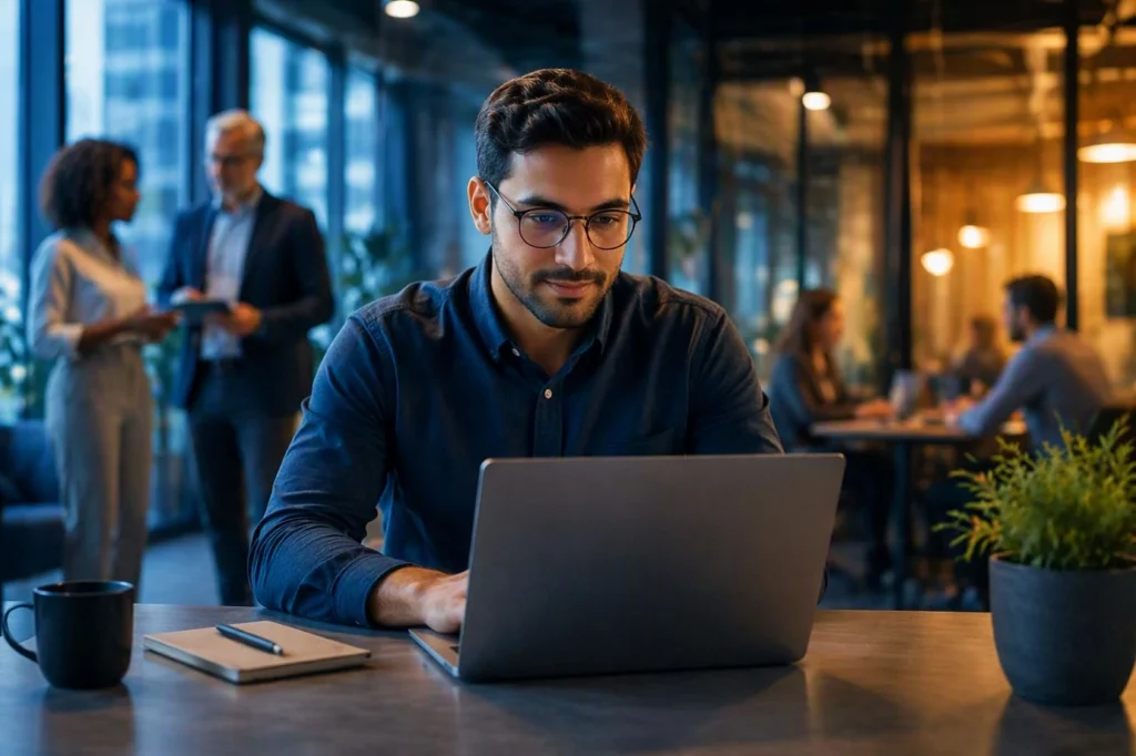 collega werkend op zijn pc